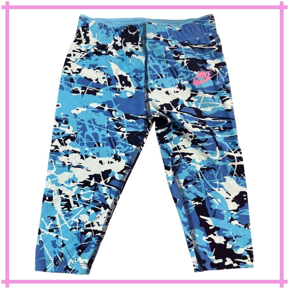 NIKE Girls 6X Blue Abstract Camo Capri Leggings Pink Swoosh Athletic Pants